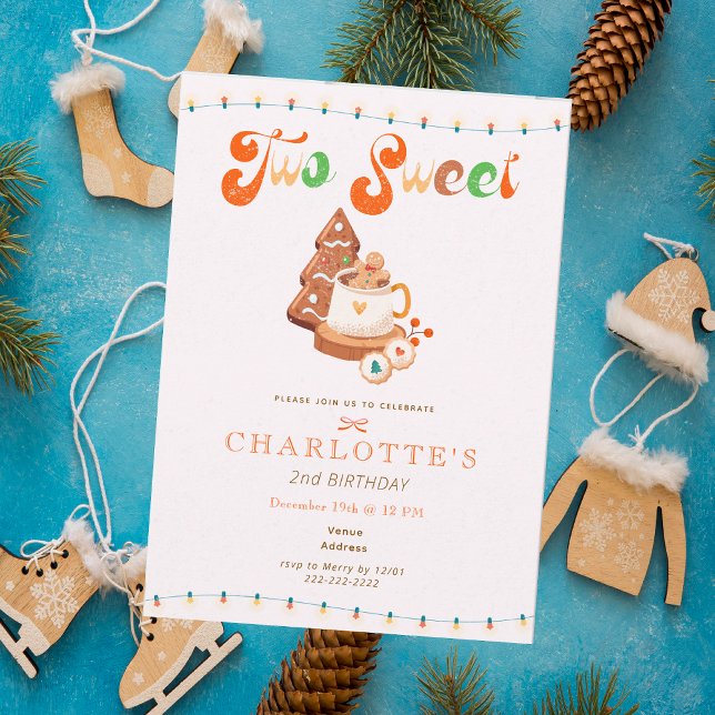 Invitation Deux douceurs pour les deux ans de la fille au cho (Two Sweet Christmas Cookie Cocoa Girl 2nd Birthday Invitation)