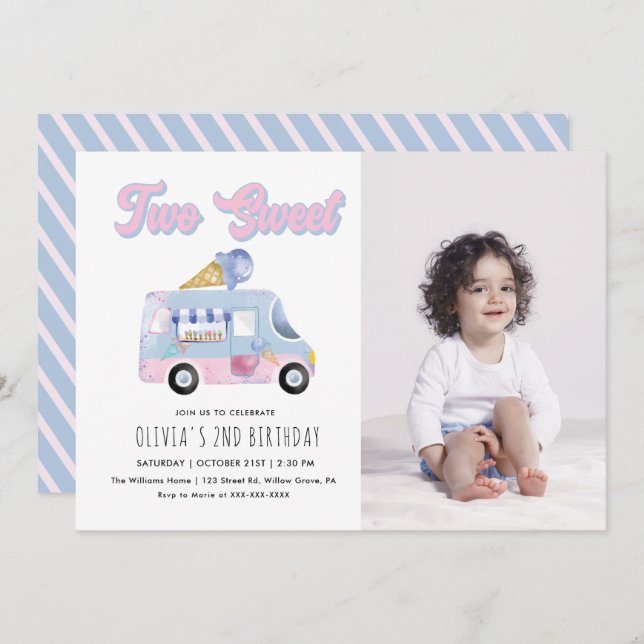 Invitation Deux doux 2e anniversaire de glace Cream Truck Inv (Devant / Derrière)
