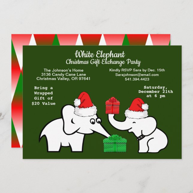 Invitation Deux éléphants blancs Motif de diamants de Noël (Devant / Derrière)