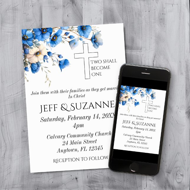 Invitation Deux En Un Fleurs Bleues Mariage Croix  (Blue Floral Two Become One Cross Wedding Invitation)