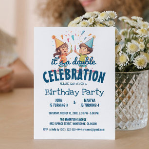 Invitation Deux Enfants Et Confetti Double Anniversaire