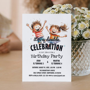 Invitation Deux enfants heureux Double fête d'anniversaire