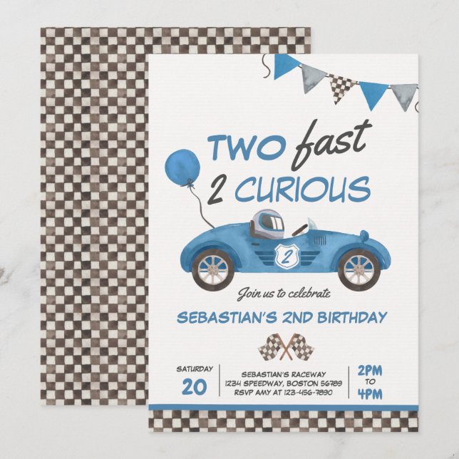 Invitation Deux Fast Blue Race Car 2e anniversaire (Devant / Derrière)