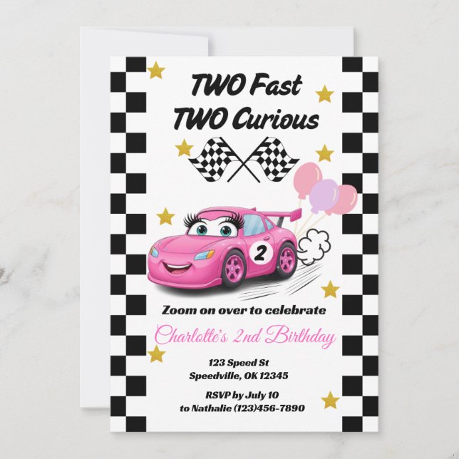 Invitation Deux Fast Deux Curieux Pink Race Car 2e Anniversai (Devant)