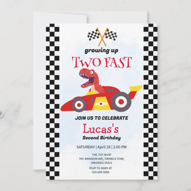 Invitation Deux Fast Dinosaur Race Car 2e fête d'anniversaire (Devant)