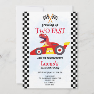 Invitation Deux Fast Dinosaur Race Car 2e fête d'anniversaire