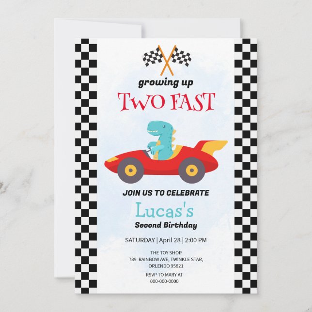 Invitation Deux Fast Dinosaur Race Car 2e fête d'anniversaire (Devant)