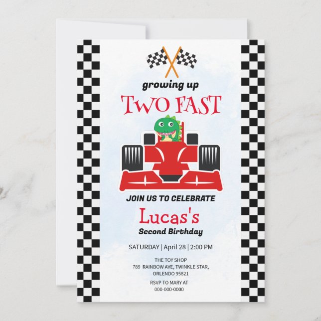 Invitation Deux Fast Dinosaur Race Car 2e fête d'anniversaire (Devant)