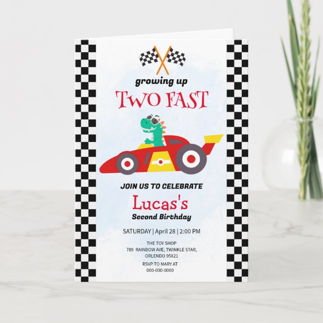 Invitation Deux Fast Dinosaur Race Car 2e fête d'anniversaire (Devant)