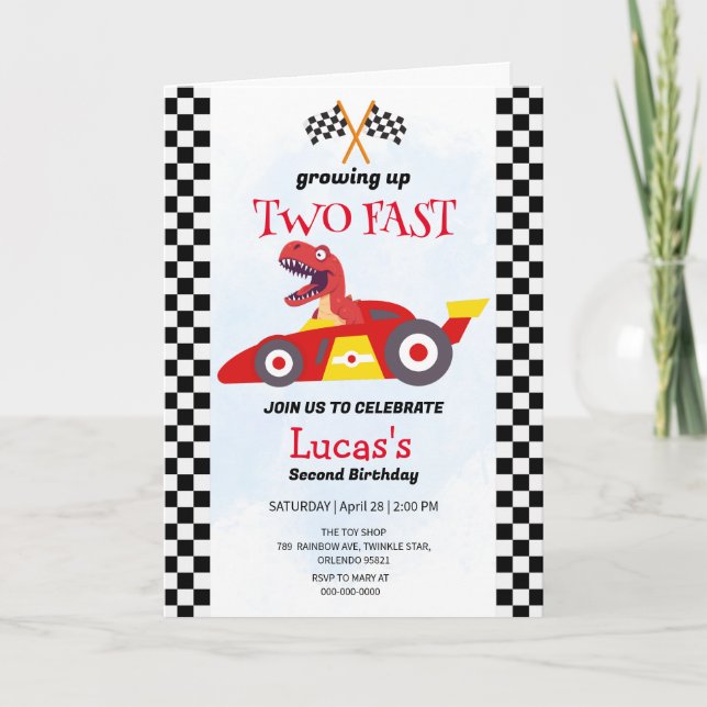 Invitation Deux Fast Dinosaur Race Car 2e fête d'anniversaire (Devant)