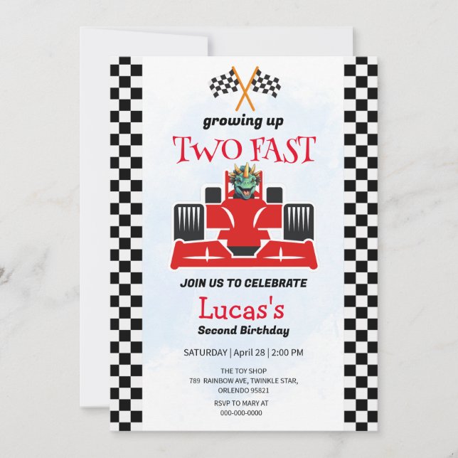 Invitation Deux Fast Dinosaur Race Car 2e fête d'anniversaire (Devant)