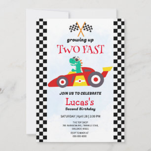 Invitation Deux Fast Dinosaur Race Car 2e fête d'anniversaire