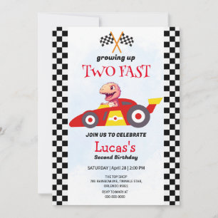 Invitation Deux Fast Dinosaur Race Car 2e fête d'anniversaire