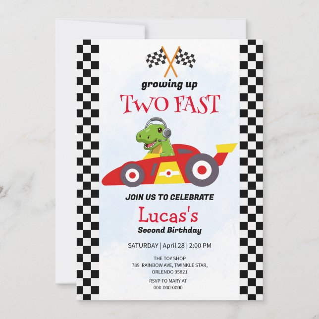 Invitation Deux Fast Dinosaur Race Car 2e fête d'anniversaire (Devant)