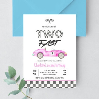 Invitation Deux Fast Girl Pink Race Car Vintage Anniversaire