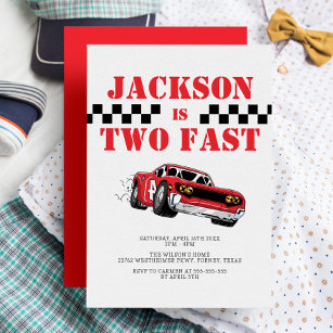 Invitation Deux Fast Modern Red Race Car Boy 2e anniversaire