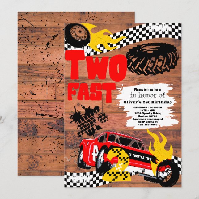Invitation Deux Fast Race Car Boy 2e Anniversaire Party Invit (Devant / Derrière)