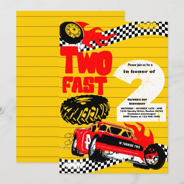 Invitation Deux Fast Race Car Boy 2e fête d'anniversaire (Devant / Derrière)