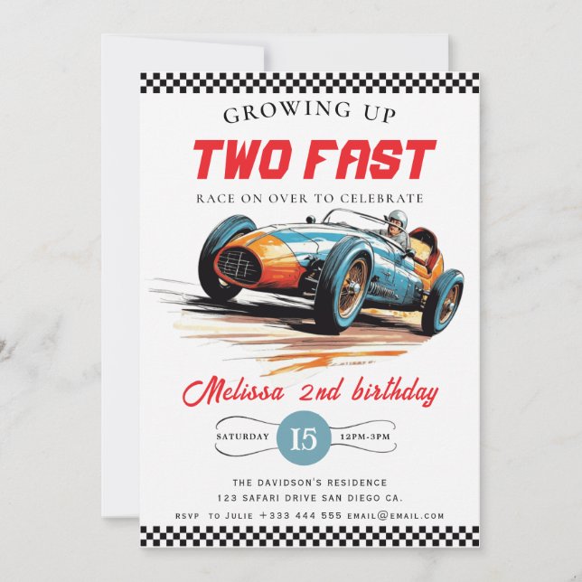 Invitation Deux Fast Race Car Boy 2e fête d'anniversaire (Devant)