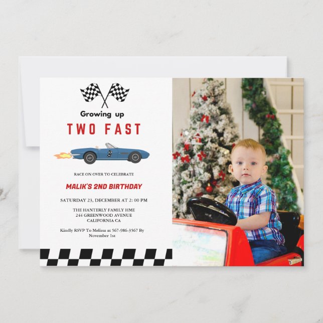 Invitation Deux Fast Race Car Boy 2e fête d'anniversaire (Devant)