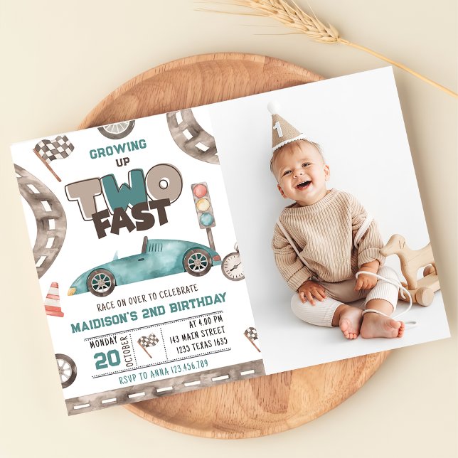 Invitation Deux Fast Race Car Boy 2nd Birthday Party Photo (Créateur téléchargé)