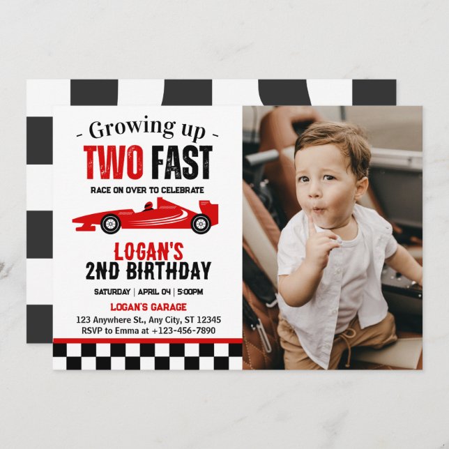 Invitation Deux Fast Race Car Boy 2nd Birthday Party Photo (Devant / Derrière)