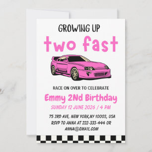 Invitation Deux Fast Race Car Girl 2e fête d'anniversaire