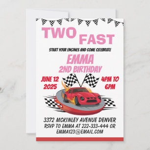 Invitation Deux Fast Race Car Girl 2e fête d'anniversaire