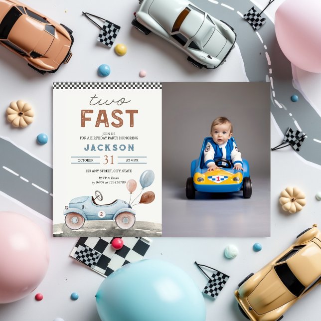 Invitation DEUX Fast Racing Car Blue Boy 2e Anniversaire Phot (Two Fast 2 Curious 2nd Birthday Invitation with Photo, Racing Car Boy)