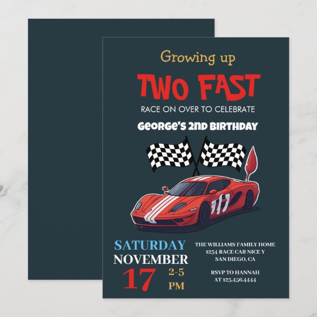 Invitation Deux Fast Red Race Car 2e fête d'anniversaire (Devant / Derrière)