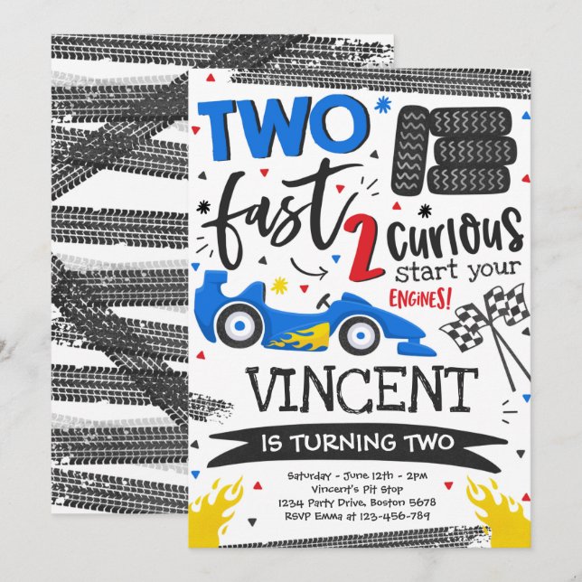 Invitation Deux fête d'anniversaire rapide Red Race Car 2e an (Devant / Derrière)