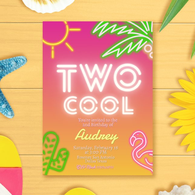 Invitation Deux Fête de Piscine Rose Tropicale Neon Cool (Two Cool Tropical Pink Neon Pool Party Invitation)
