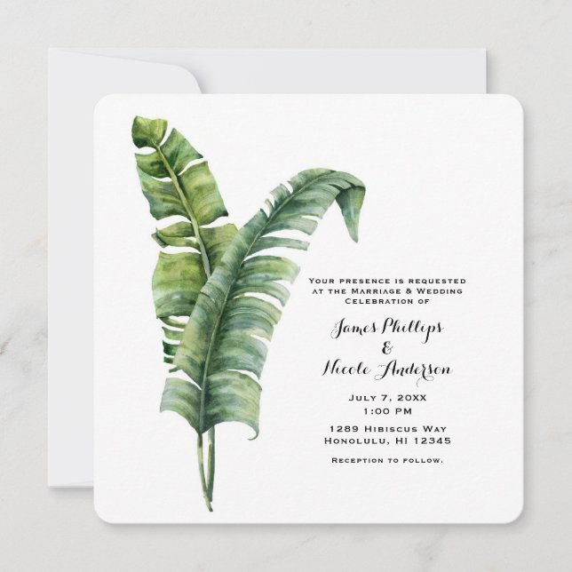 Invitation Deux feuilles de palmier élégantes Mariage simple  (Devant)