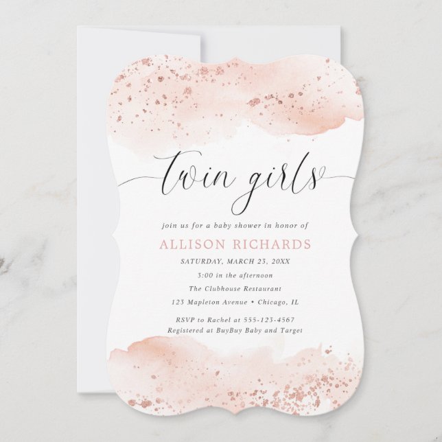 Invitation Deux filles aquarelle rose or rose rousse parties  (Devant)