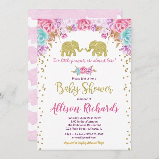 Invitation Deux filles baby shower éléphants or rose (Devant / Derrière)
