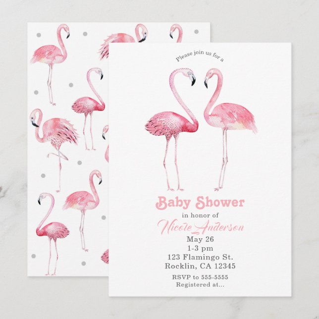 Invitation Deux Flamants Roses Fête de Naissance Tropicale Fl (Devant / Derrière)