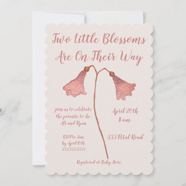 Invitation Deux fleurs Baby shower jumeaux à fleurs roses (Devant)