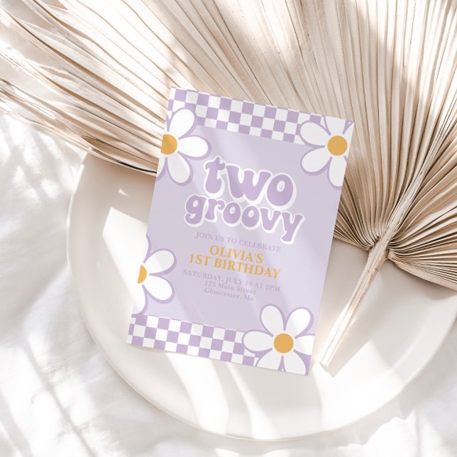 Invitation Deux Fleurs de Daisy Groovy Rétro Lilas (Créateur téléchargé)