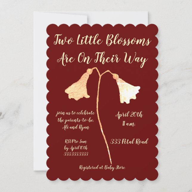 Invitation Deux fleurs Red Gold Flower Twins Baby shower (Devant)