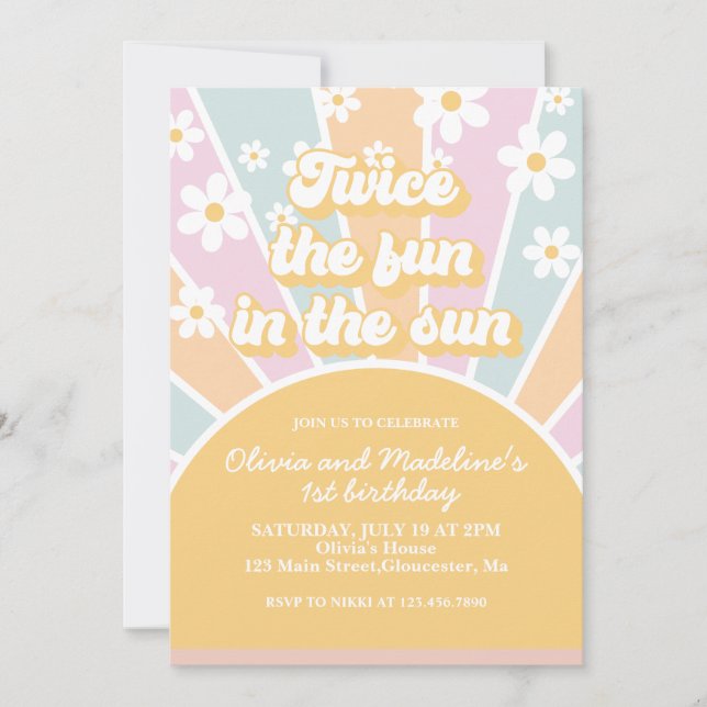 Invitation Deux fois le plaisir au soleil boho pastel anniver (Devant)