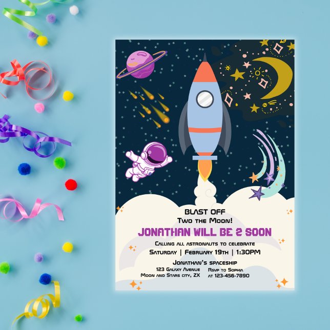 Invitation Deux Garçon Lune Espace Fusée 2e Anniversaire  (Créateur téléchargé)