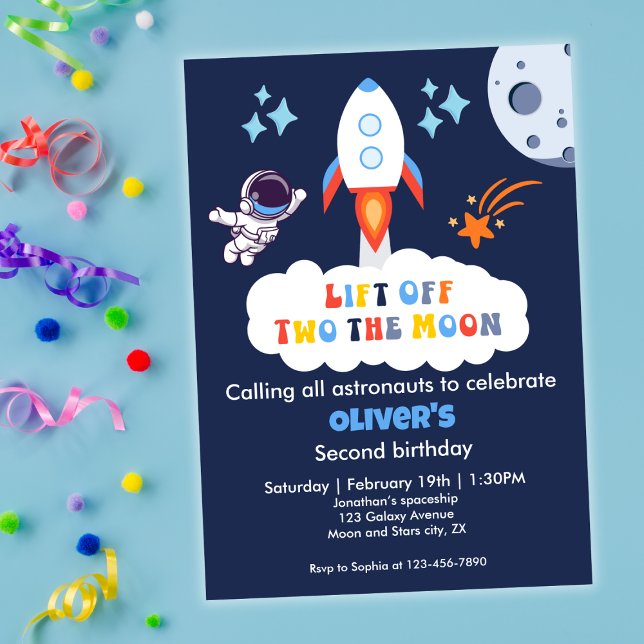 Invitation Deux Garçon Lune Espace Fusée Décollage 2e Anniver (Créateur téléchargé)