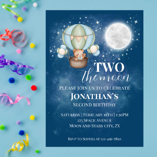 Invitation Deux Garçon Ours Ballon Lune 2e Anniversaire