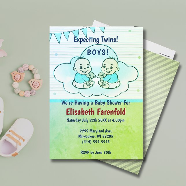 Invitation Deux garçons dans le Baby shower vert nuageux (Expecting Twin Boys in Cloud Green Baby Shower Invitation)