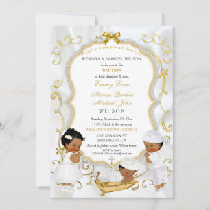 Invitation Deux garçons et une fille baptême christening or