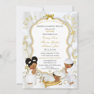 Invitation Deux garçons et une fille baptême christening or