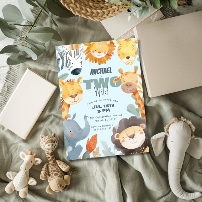 Invitation Deux Garçons Wild Safari 2ème Anniversaire Bleu (Créateur téléchargé)