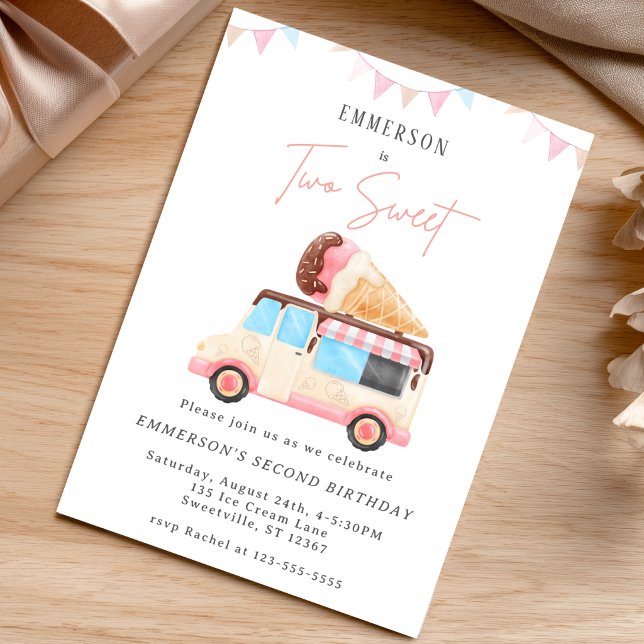 Invitation Deux gâteaux Camion de Glace Mignon 2ème Anniversa (Two Sweet Cute Ice Cream Truck 2nd Birthday Invitation)