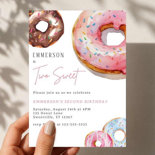 Invitation Deux gâteaux en forme de donut aquarelle pour un 2 (Two Sweet Watercolor Donut 2nd Birthday Invitation
)