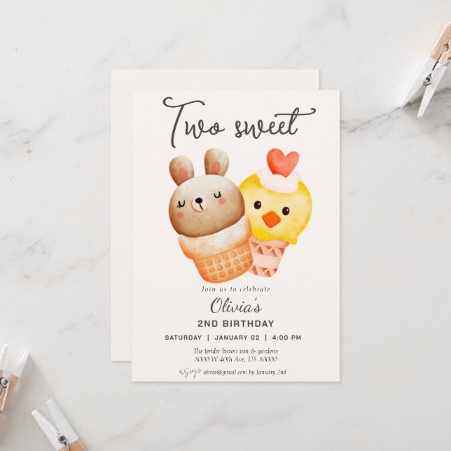 Invitation Deux glaces douces deuxième anniversaire (Devant/Arrière en situation)